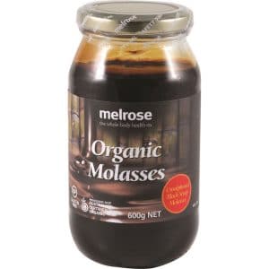 Melrose Blackstrap Molasses- Organic Unsulphured (600g) in a jar on a white background