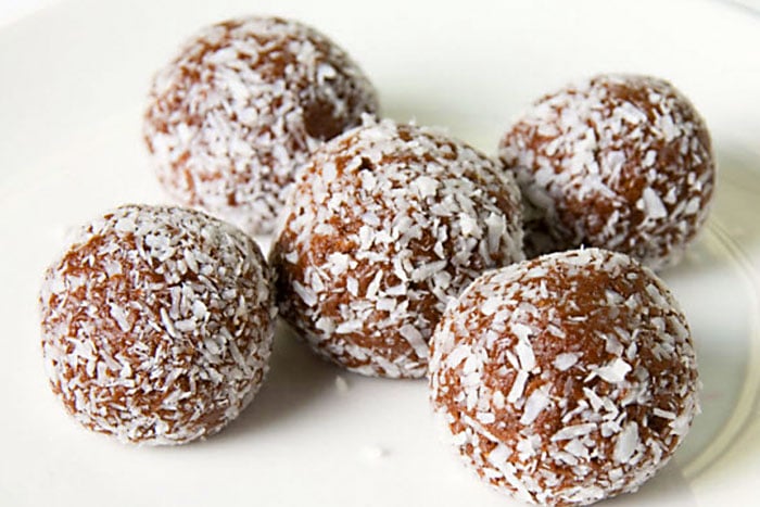 Rich Choc-Nut Protein Balls on a white plate