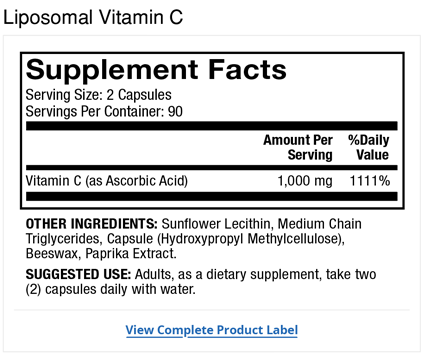Dr Mercola's Liposomal Vitamin C (180 Licaps): 90 day supply - Supplement facts