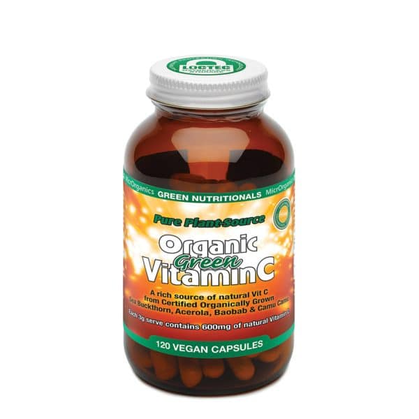 Green Nutritionals Organic Green Vitamin C (120 capsules) in a bottle on a white background
